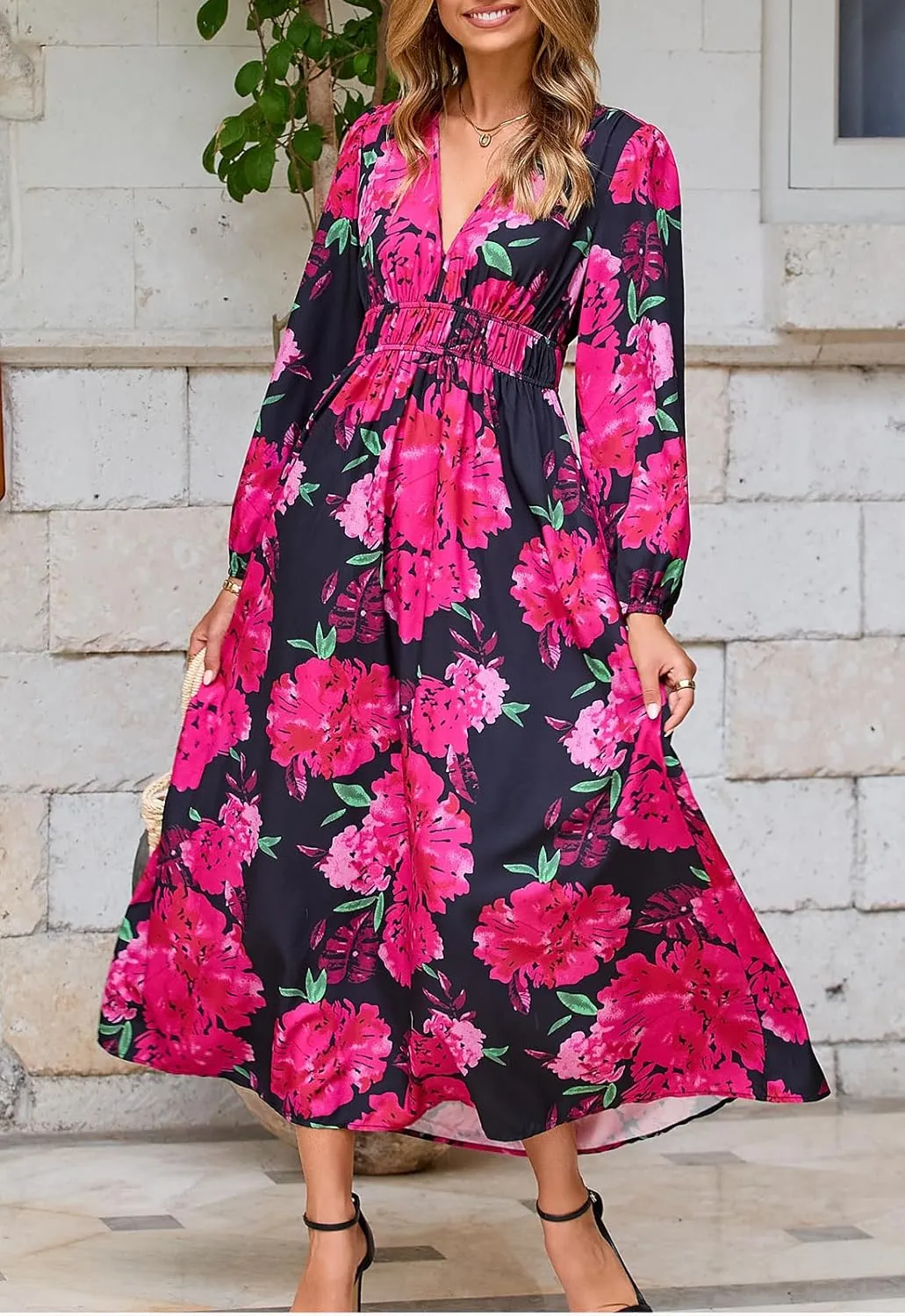 Women's Long Sleeve Boho Maxi Dress Floral Print Long Dress Pink Print