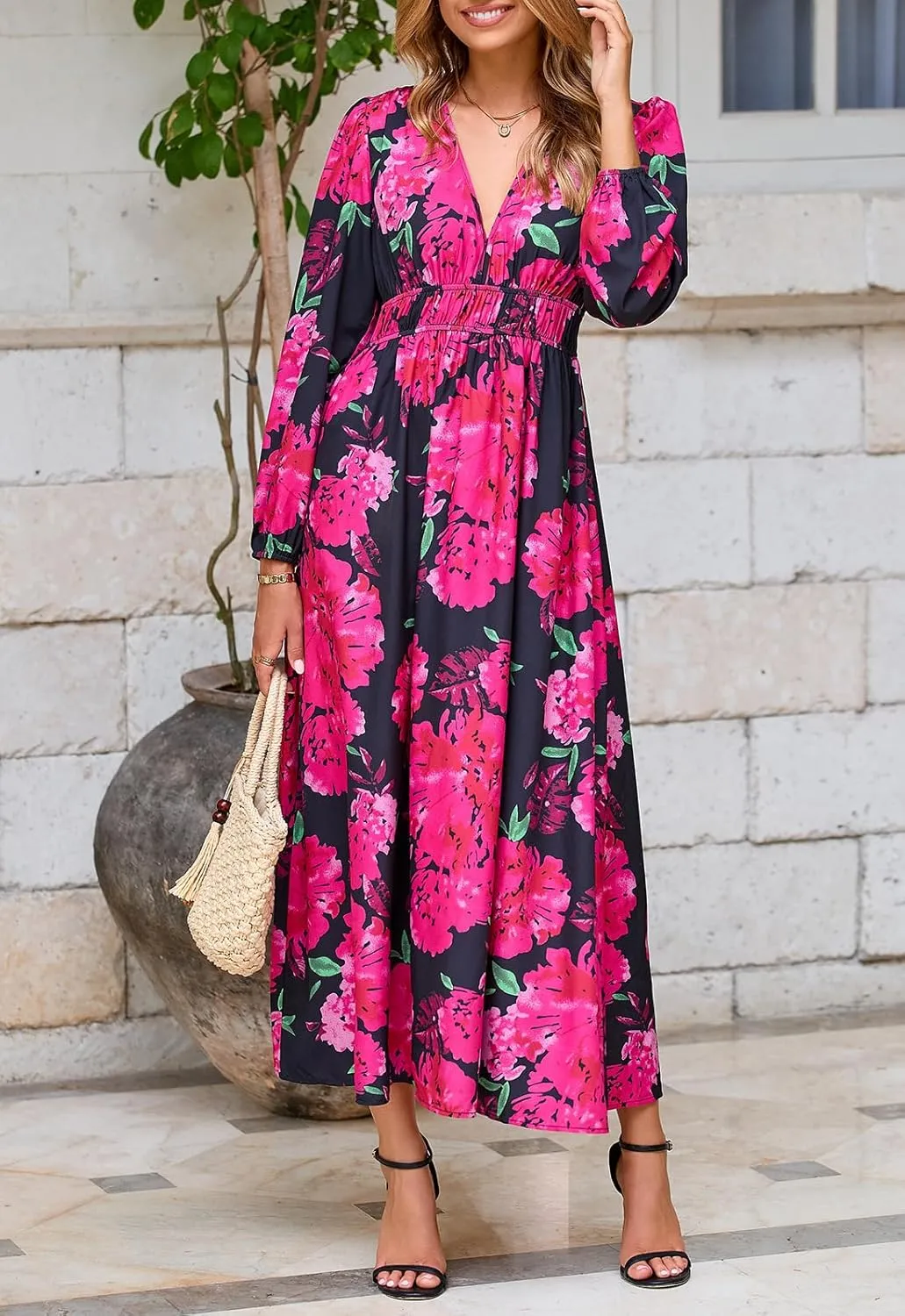Women's Long Sleeve Boho Maxi Dress Floral Print Long Dress Pink Print