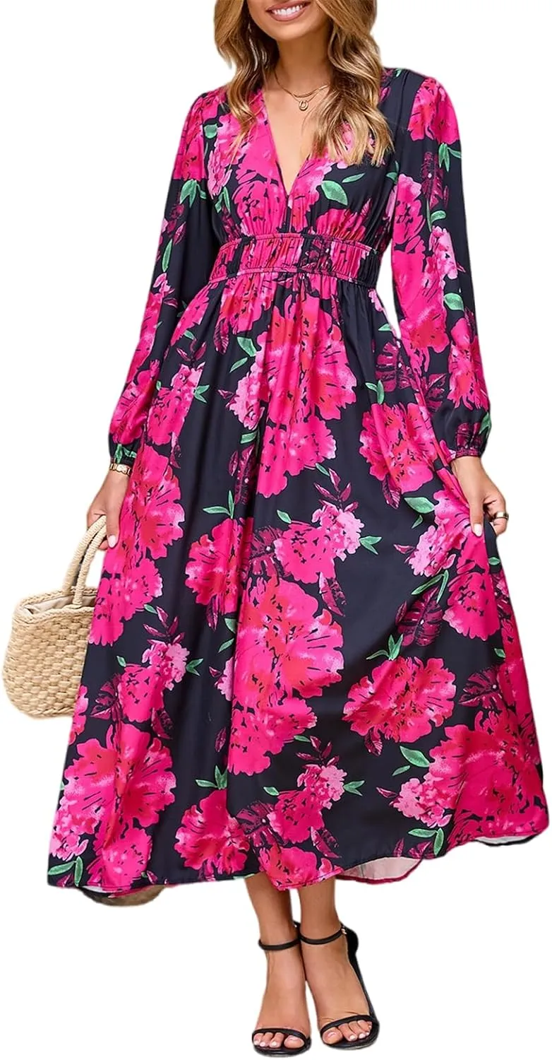 Women's Long Sleeve Boho Maxi Dress Floral Print Long Dress Pink Print