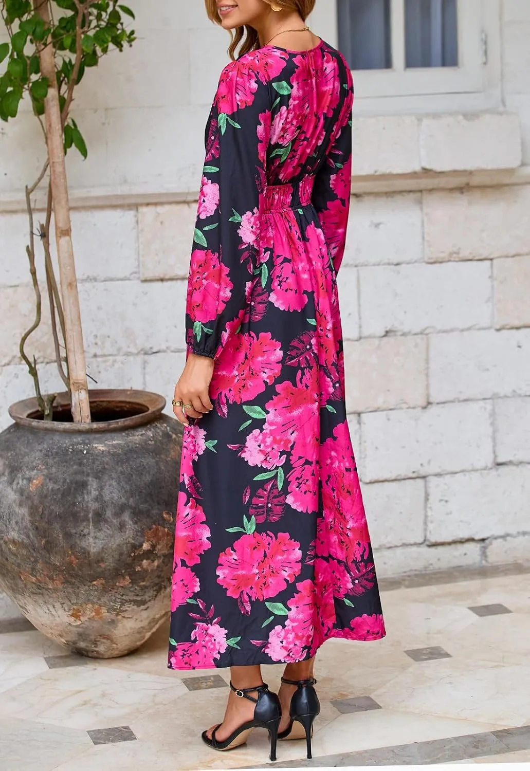 Women's Long Sleeve Boho Maxi Dress Floral Print Long Dress Pink Print