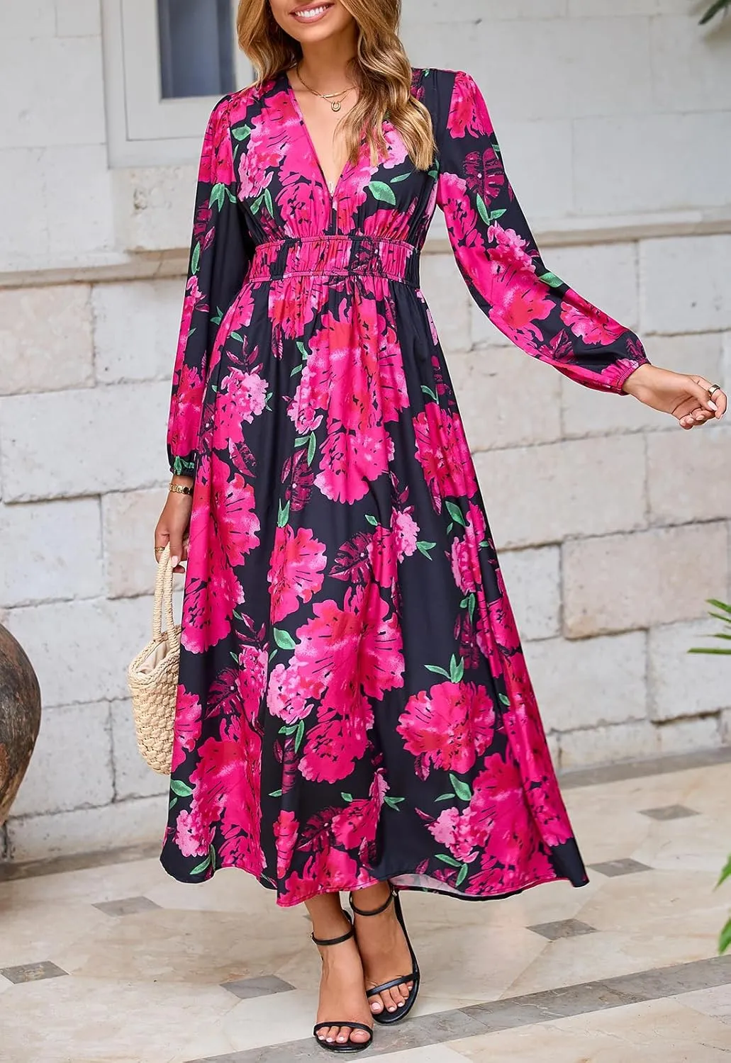 Women's Long Sleeve Boho Maxi Dress Floral Print Long Dress Pink Print