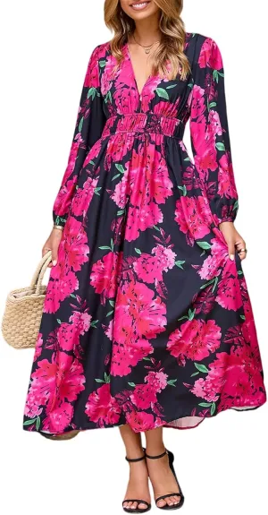 Women's Long Sleeve Boho Maxi Dress Floral Print Long Dress Pink Print