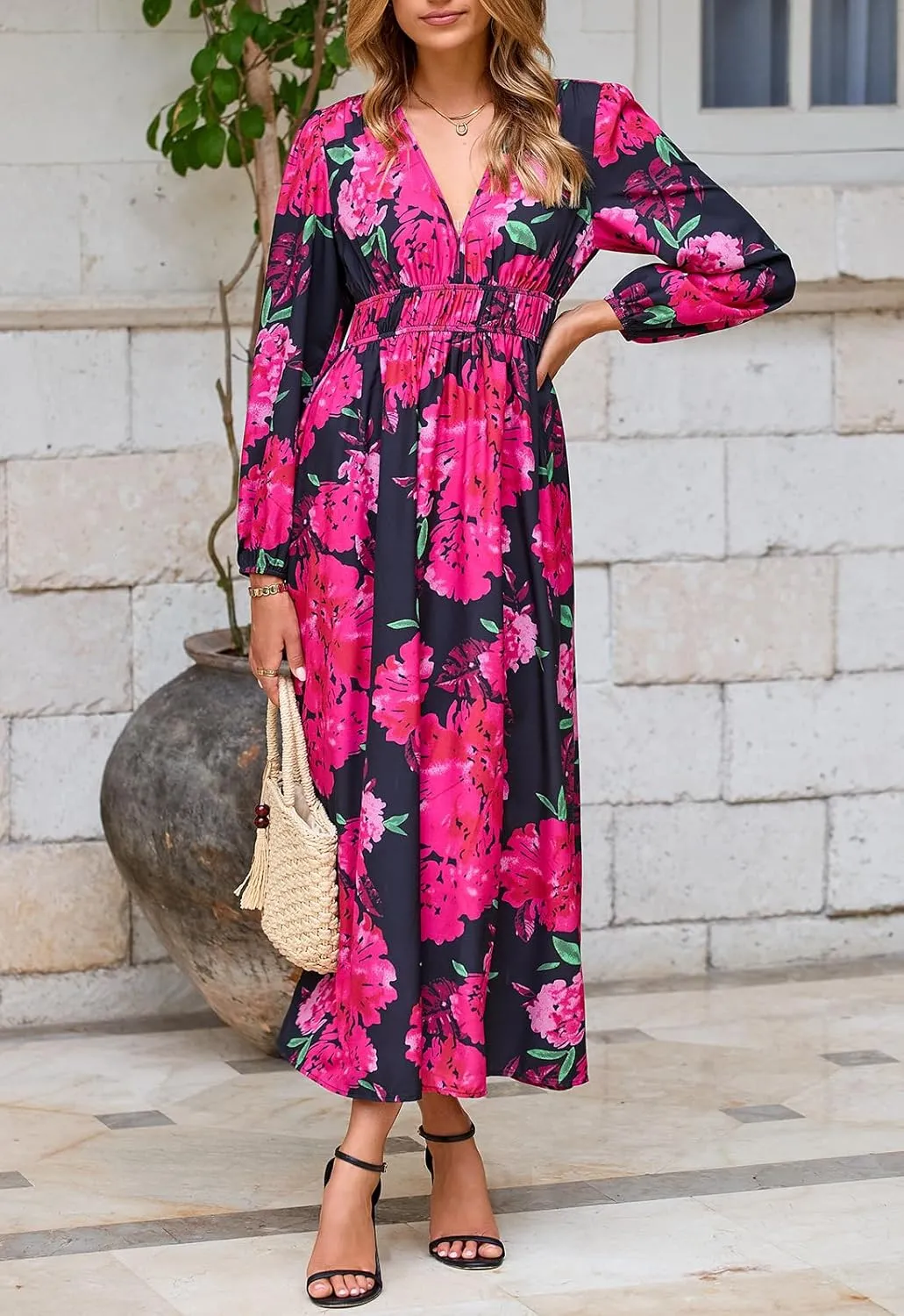 Women's Long Sleeve Boho Maxi Dress Floral Print Long Dress Pink Print