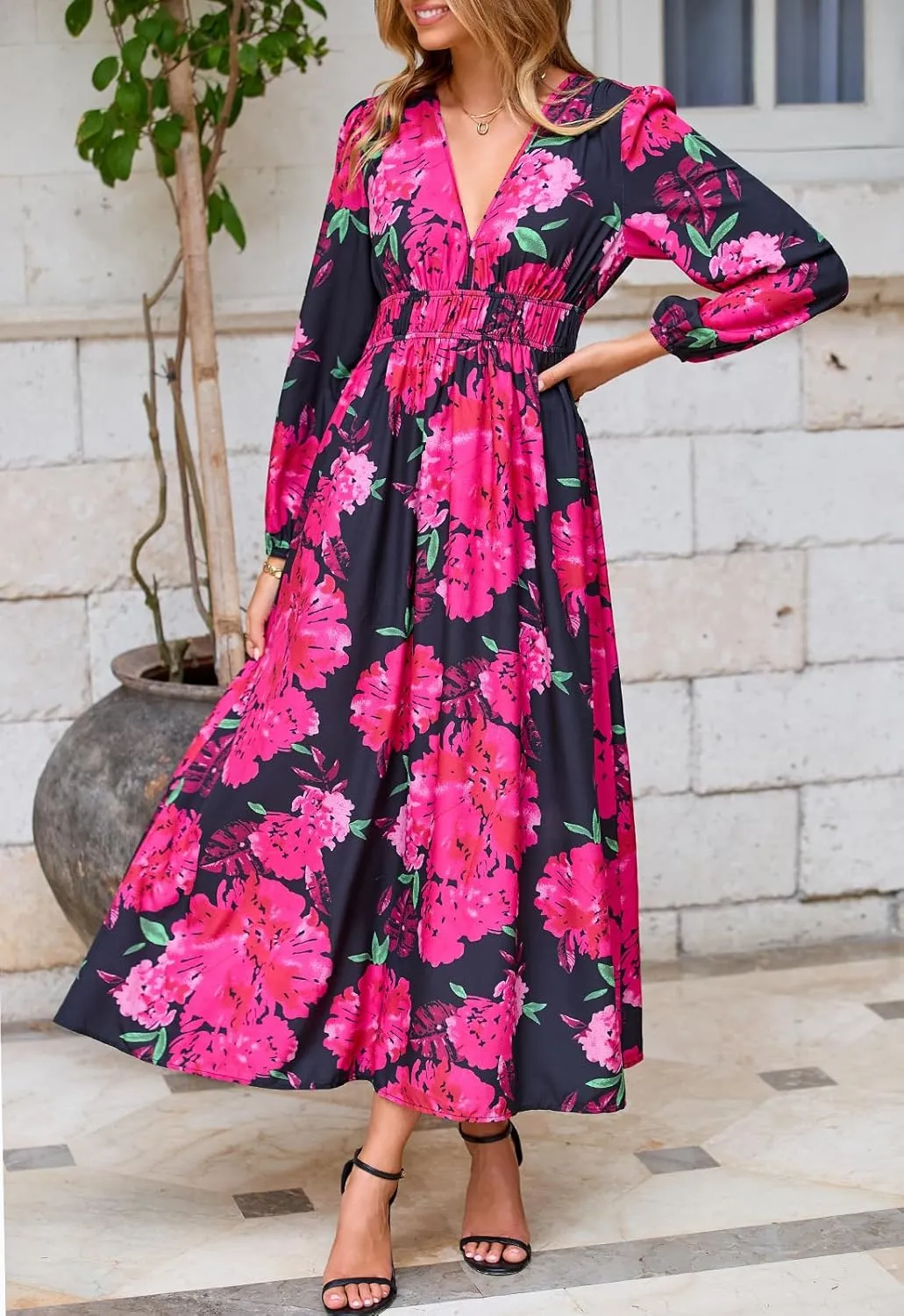 Women's Long Sleeve Boho Maxi Dress Floral Print Long Dress Pink Print