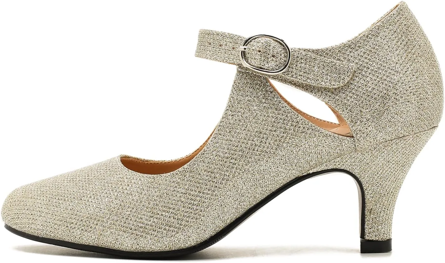 Women's Low Kitten Heels Mary Janes Pumps Cutout Round Toe Retro Vintage Hollow Out Ankle Strap Dress Shoes