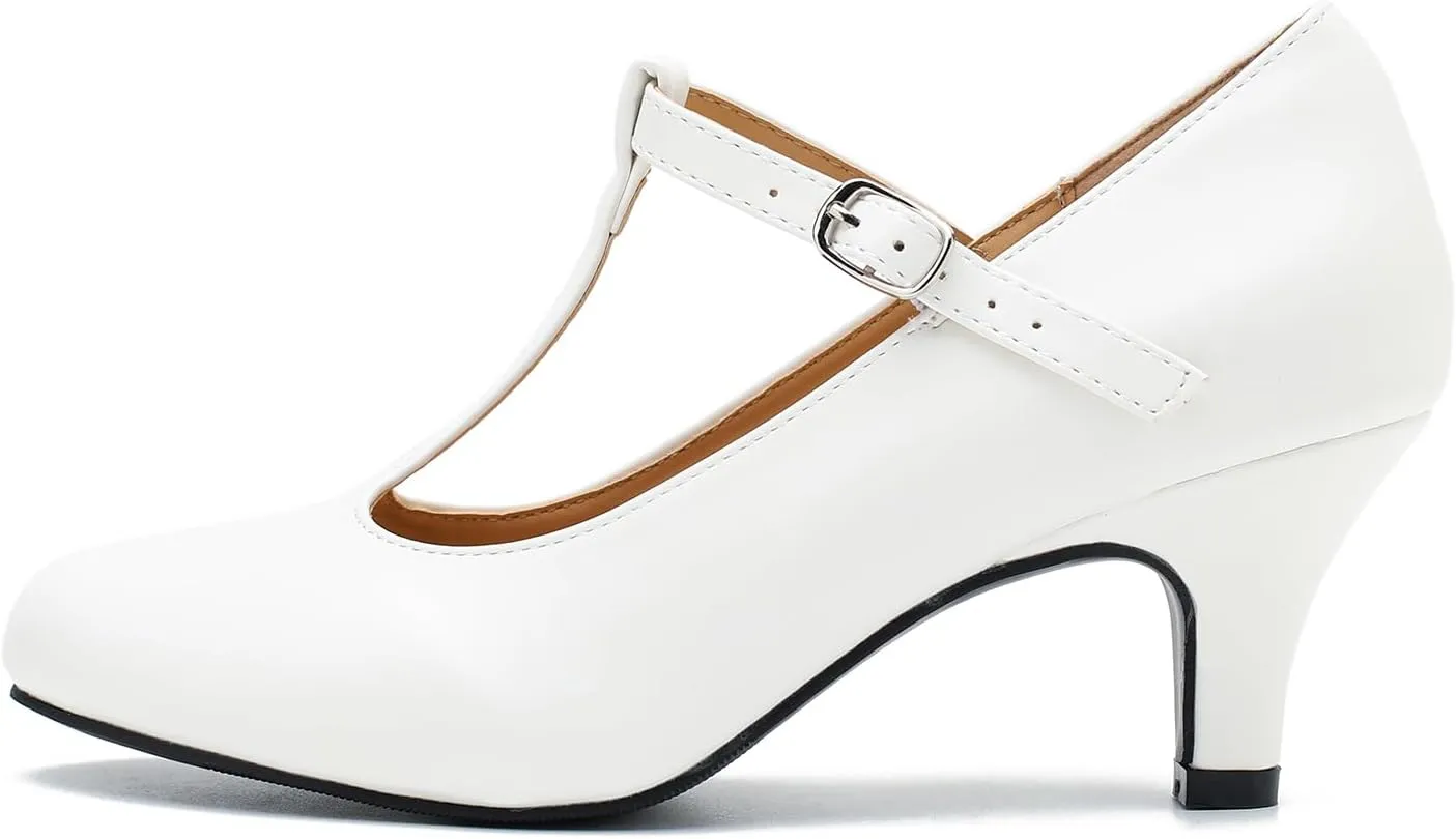 Women's Pumps Low Kitten Heels Mary Jane Retro T-Strap Comfortable Office Work Dress Shoes