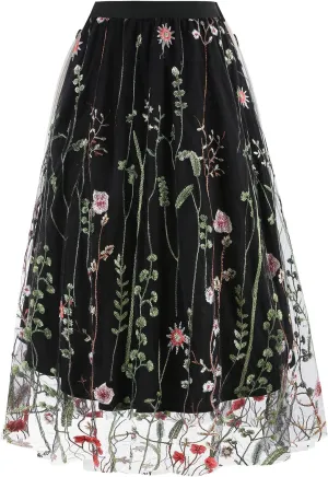 Women's Retro 50s Vintage 1950s Floral Tulle Embroidery Flared A-Line Pleated Midi Skirts