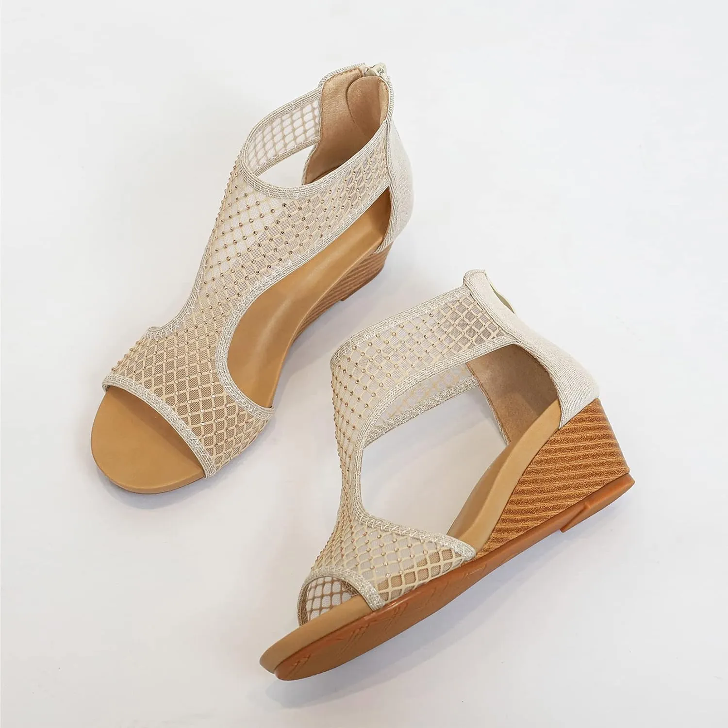 Women's Round Open Toe Wedge Sandals Zip Back Mid Heel Summer Dressy Sandals Shoes