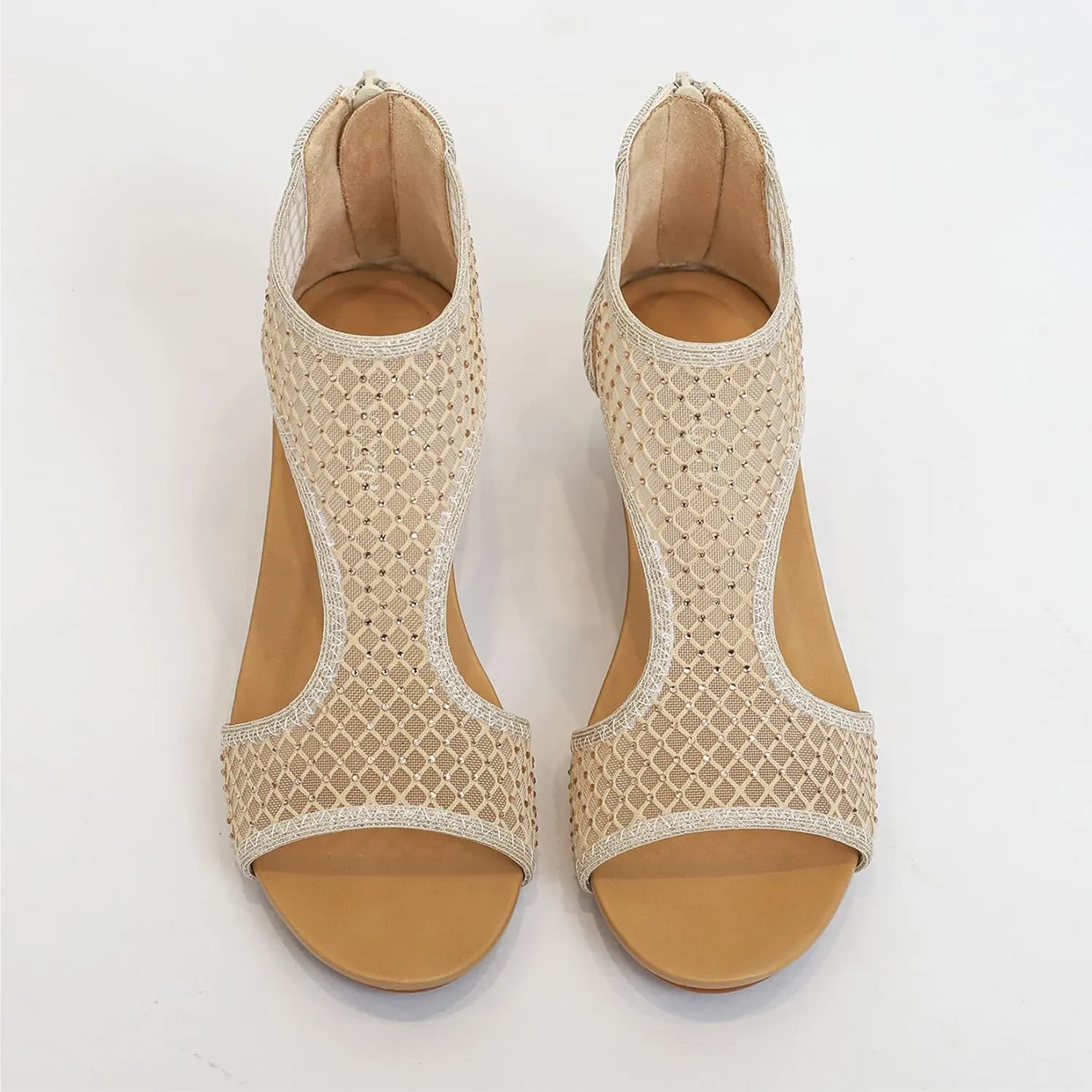 Women's Round Open Toe Wedge Sandals Zip Back Mid Heel Summer Dressy Sandals Shoes