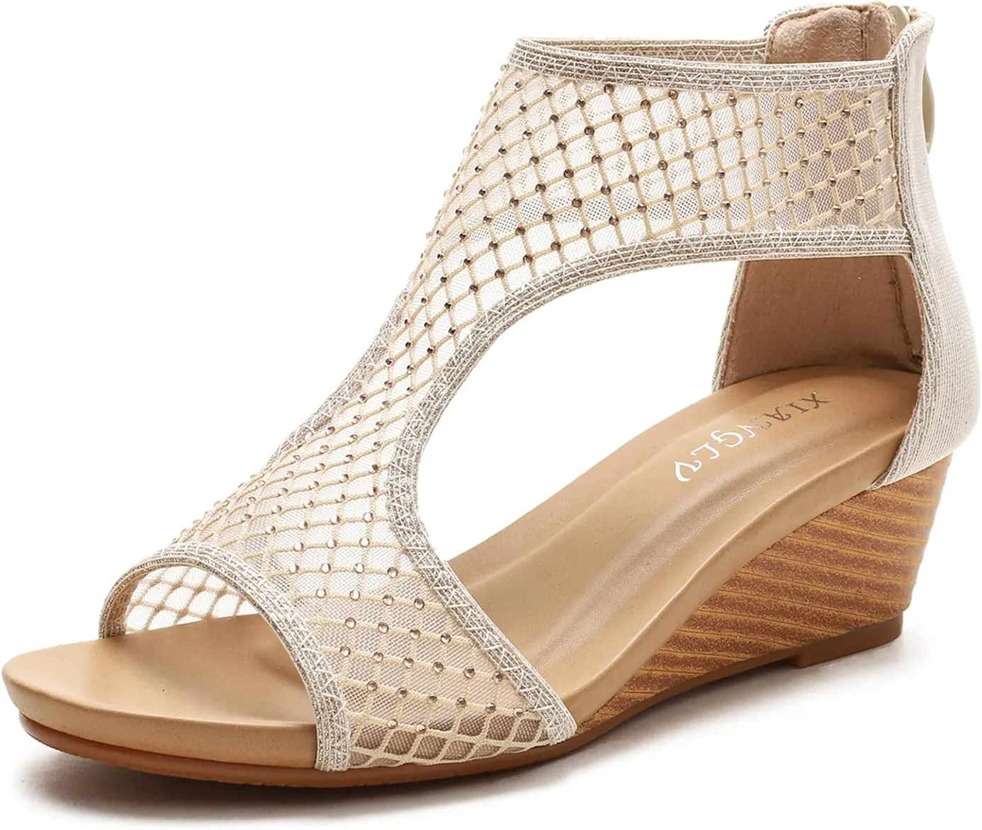 Women's Round Open Toe Wedge Sandals Zip Back Mid Heel Summer Dressy Sandals Shoes
