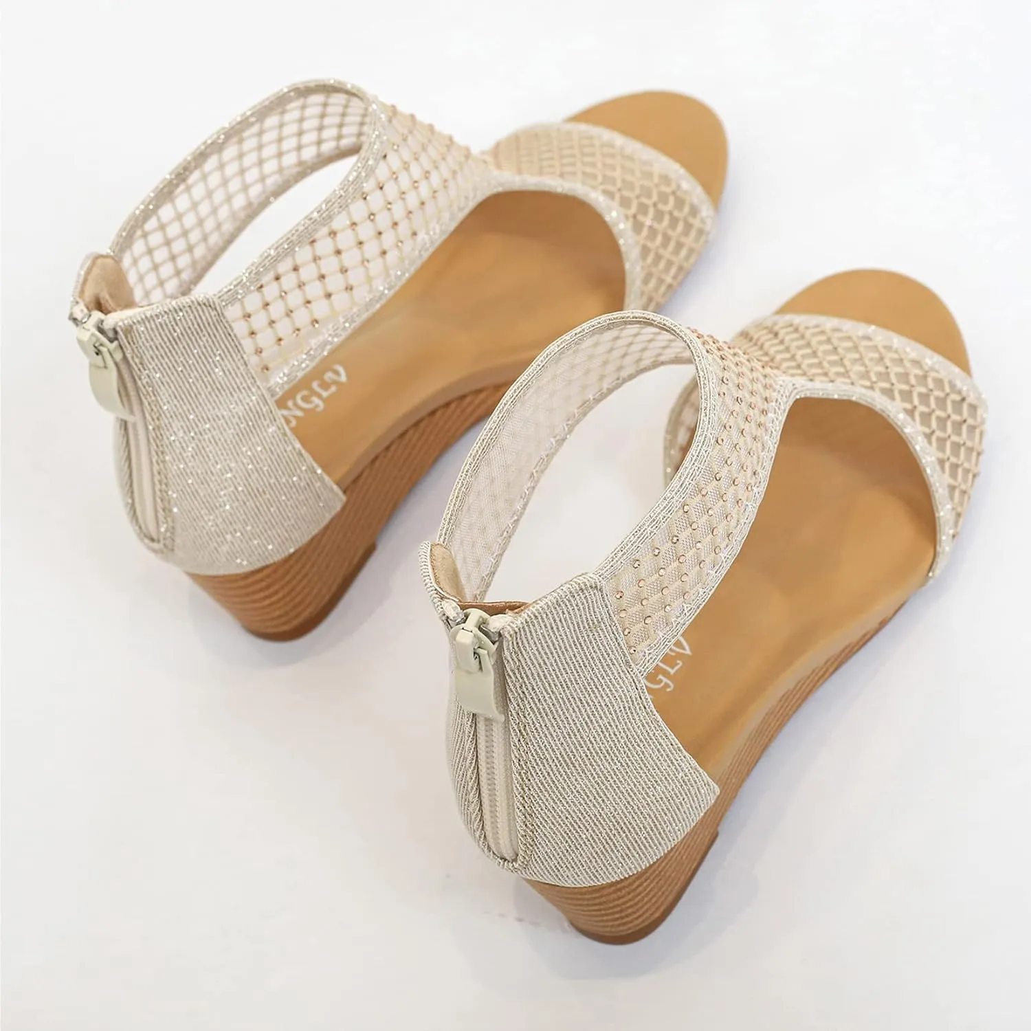 Women's Round Open Toe Wedge Sandals Zip Back Mid Heel Summer Dressy Sandals Shoes