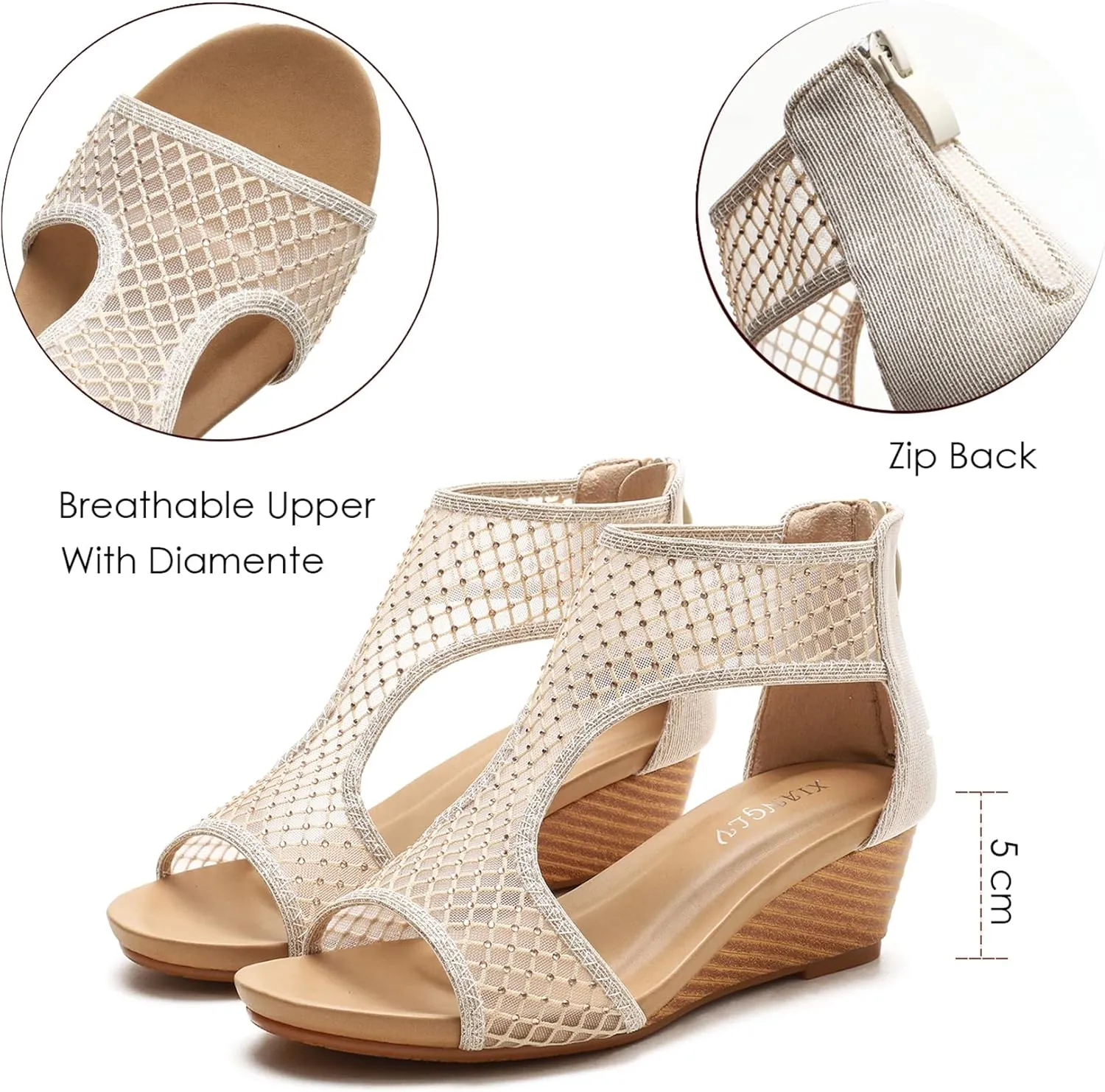 Women's Round Open Toe Wedge Sandals Zip Back Mid Heel Summer Dressy Sandals Shoes