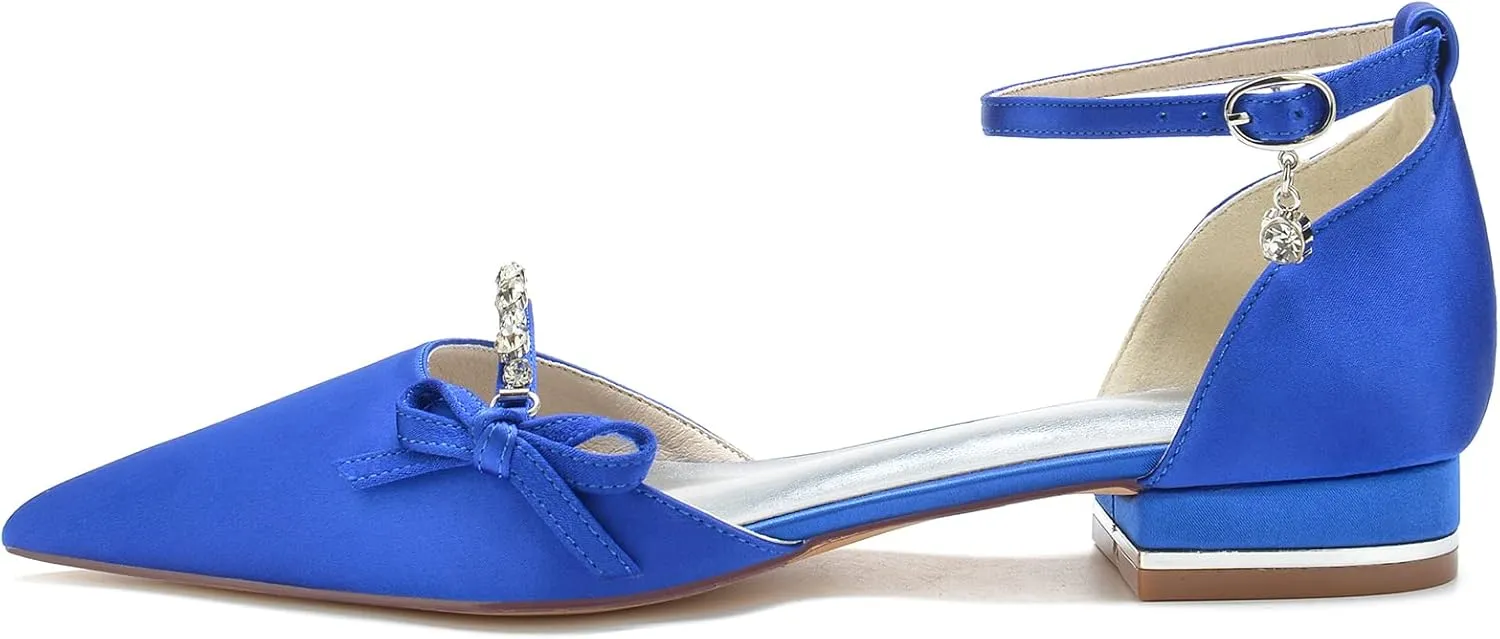 Women's Satin Crystal Wedding Flats Pump Shoes for Bride Pointed Toe Prom Evening Party Dress Flats
