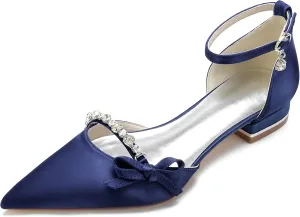 Women's Satin Crystal Wedding Flats Pump Shoes for Bride Pointed Toe Prom Evening Party Dress Flats