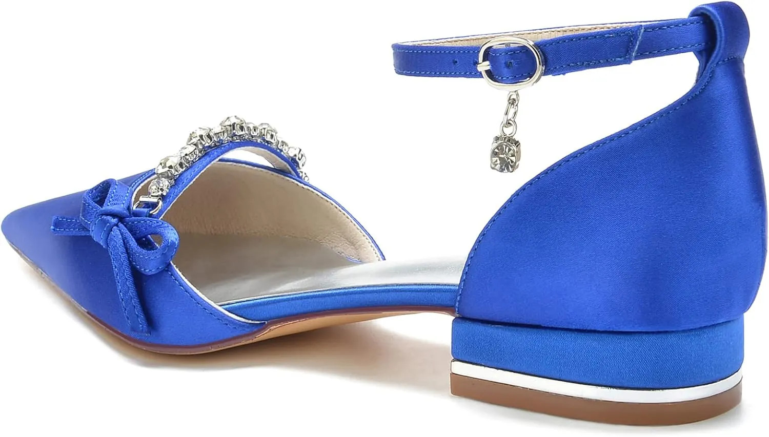 Women's Satin Crystal Wedding Flats Pump Shoes for Bride Pointed Toe Prom Evening Party Dress Flats
