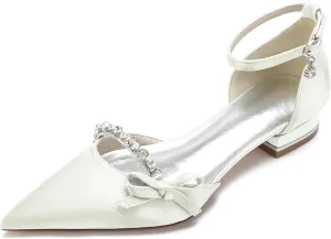 Women's Satin Crystal Wedding Flats Pump Shoes for Bride Pointed Toe Prom Evening Party Dress Flats