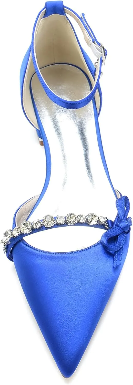 Women's Satin Crystal Wedding Flats Pump Shoes for Bride Pointed Toe Prom Evening Party Dress Flats
