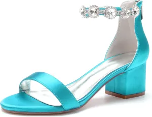 Women's Satin Wedding Shoes for Bride Block Heels Crystal Bridal Shoes Low Heels Prom Shoes 702-26