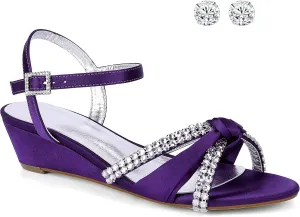 Women's Satin Wedge Sandals Rhinestone Bowknot Wedding Party Shoes with Crystal Ear stud