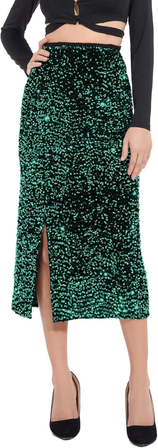 Women’s Sequin Velvet Skirt Elastic High Waist Sparkle Split Hem Night Out Party Maxi Skirt