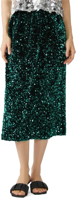 Women’s Sequin Velvet Skirt Elastic High Waist Sparkle Split Hem Night Out Party Maxi Skirt