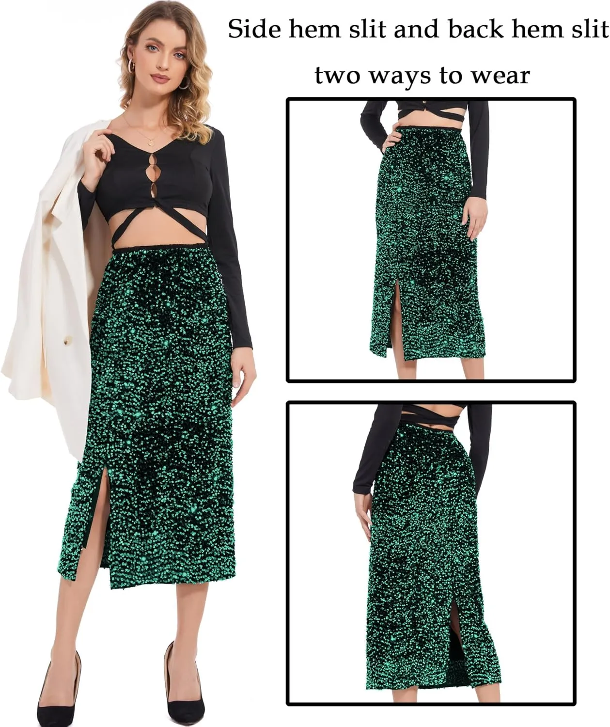 Women’s Sequin Velvet Skirt Elastic High Waist Sparkle Split Hem Night Out Party Maxi Skirt