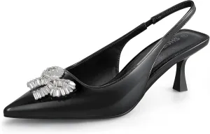 Women's Slingback Kitten Heels with Sparkly Rhinestone Bow - 2.4'' Inches Pointed Toe Pumps for Wedding Party Dress