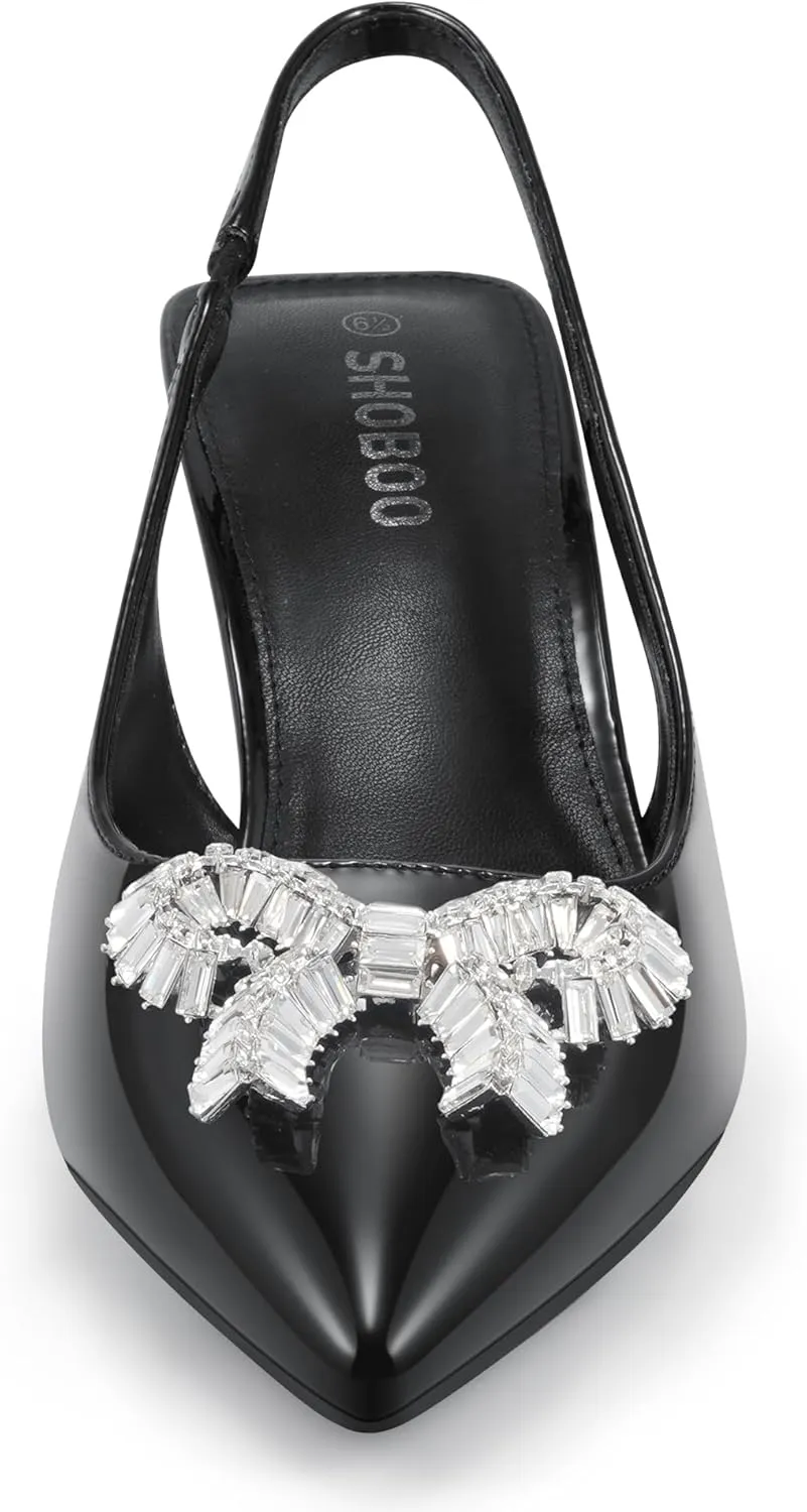 Women's Slingback Kitten Heels with Sparkly Rhinestone Bow - 2.4'' Inches Pointed Toe Pumps for Wedding Party Dress