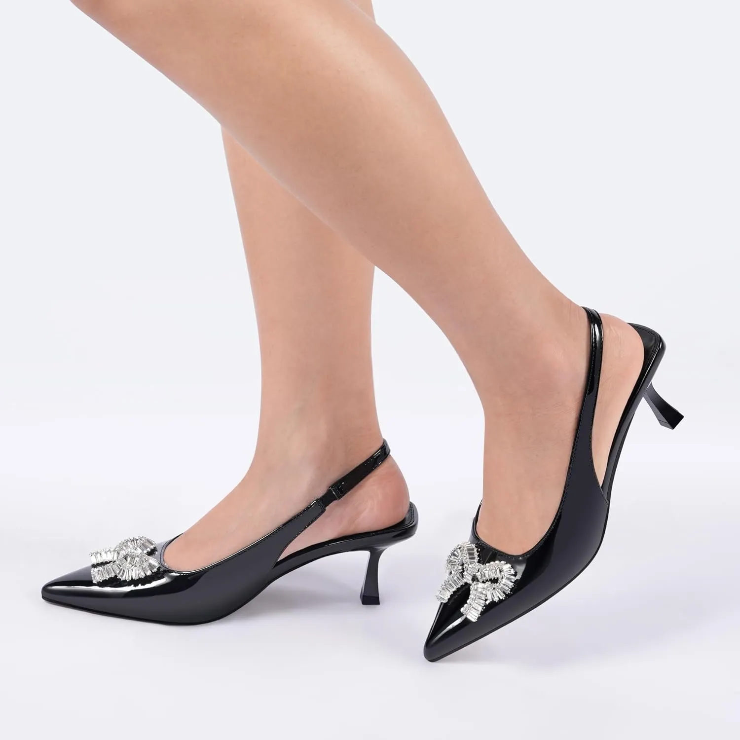 Women's Slingback Kitten Heels with Sparkly Rhinestone Bow - 2.4'' Inches Pointed Toe Pumps for Wedding Party Dress