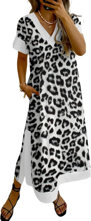Women's V-Neck Animal Print Maxi Dress with Pockets Short Sleeve Loose Fit Casual Summer Vacation Outdoor Wear