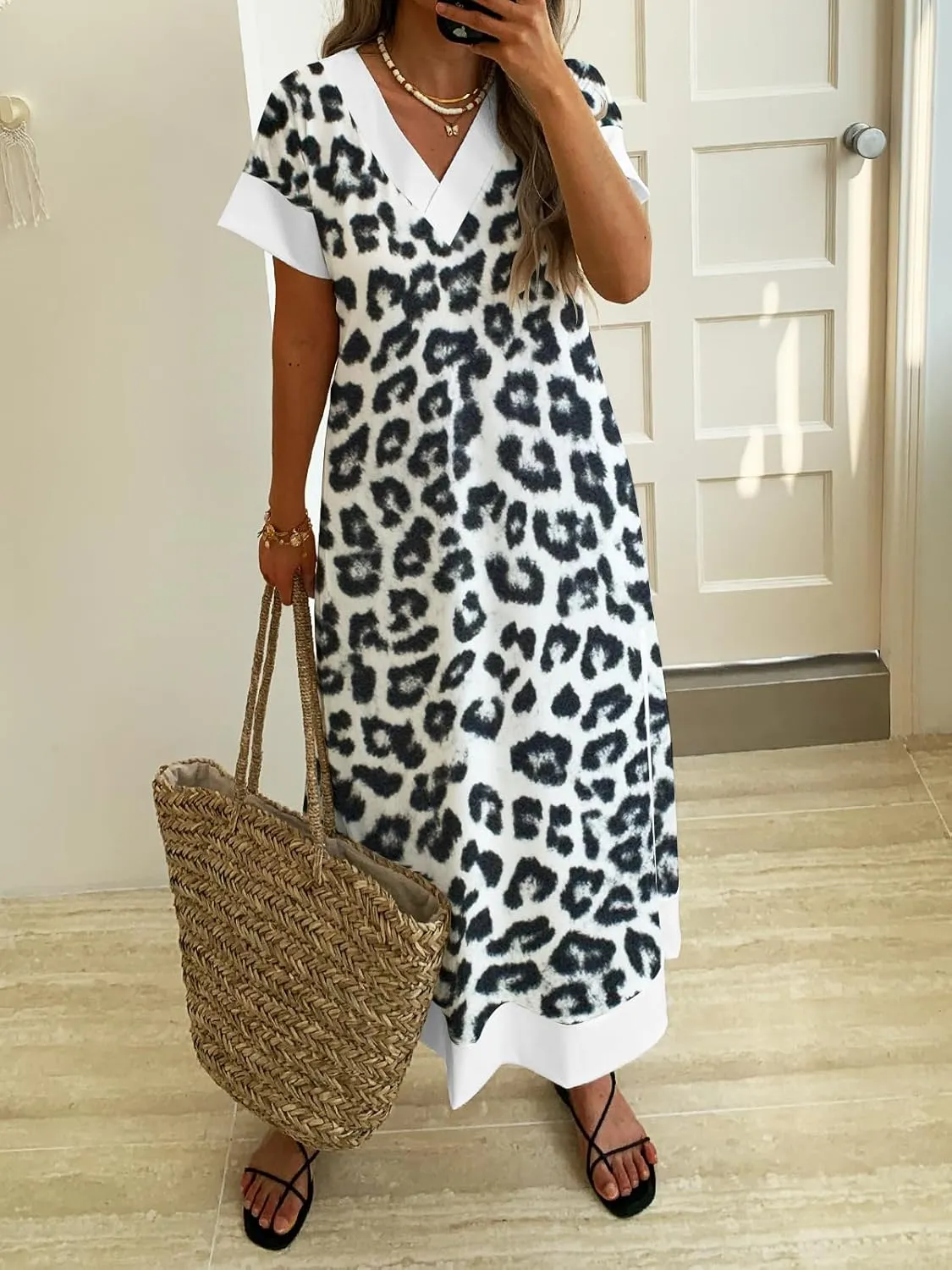 Women's V-Neck Animal Print Maxi Dress with Pockets Short Sleeve Loose Fit Casual Summer Vacation Outdoor Wear
