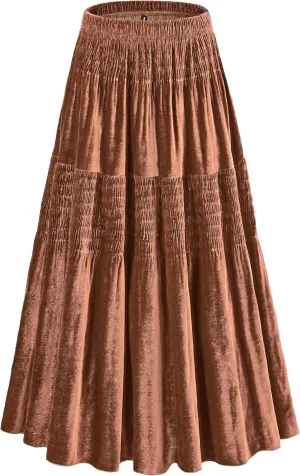 Women's Velvet Pleated Midi Skirt Elastic High Waist Fall Winter Tiered A-Line Party Long Skirts