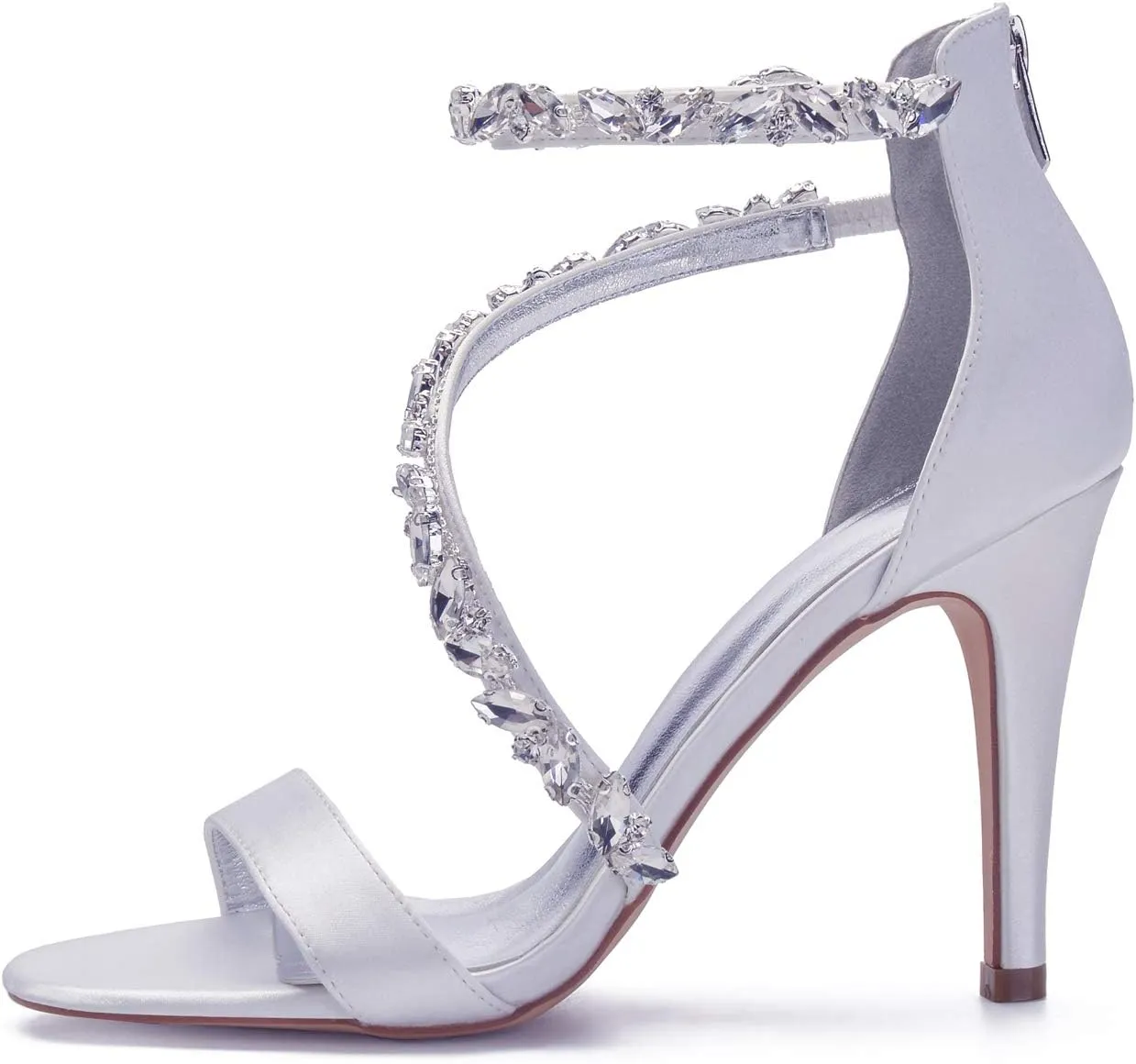 Women's Wedding Bridal Satin Heels Sandals Mid Heels Ankle Strap Crystal Zipper Back Formal Evening Prom Party Dress Shoes Pumps