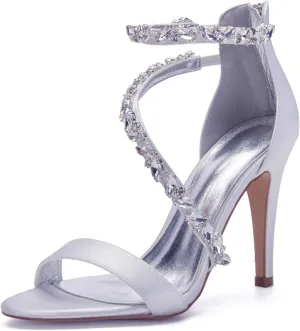 Women's Wedding Bridal Satin Heels Sandals Mid Heels Ankle Strap Crystal Zipper Back Formal Evening Prom Party Dress Shoes Pumps