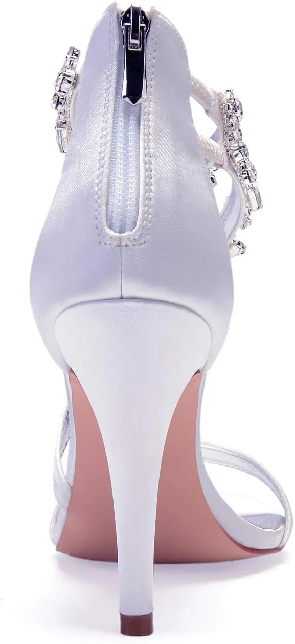 Women's Wedding Bridal Satin Heels Sandals Mid Heels Ankle Strap Crystal Zipper Back Formal Evening Prom Party Dress Shoes Pumps