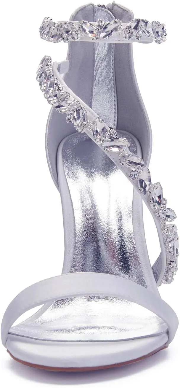 Women's Wedding Bridal Satin Heels Sandals Mid Heels Ankle Strap Crystal Zipper Back Formal Evening Prom Party Dress Shoes Pumps