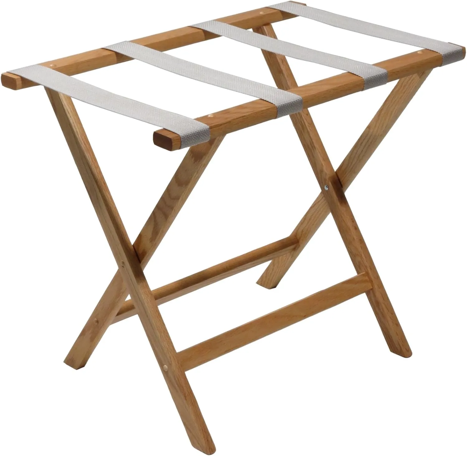 Wooden Mallet Deluxe Straight Leg Luggage Rack,Silver Straps, 20" H x 23.75" W x 15.5" D, Light Oak