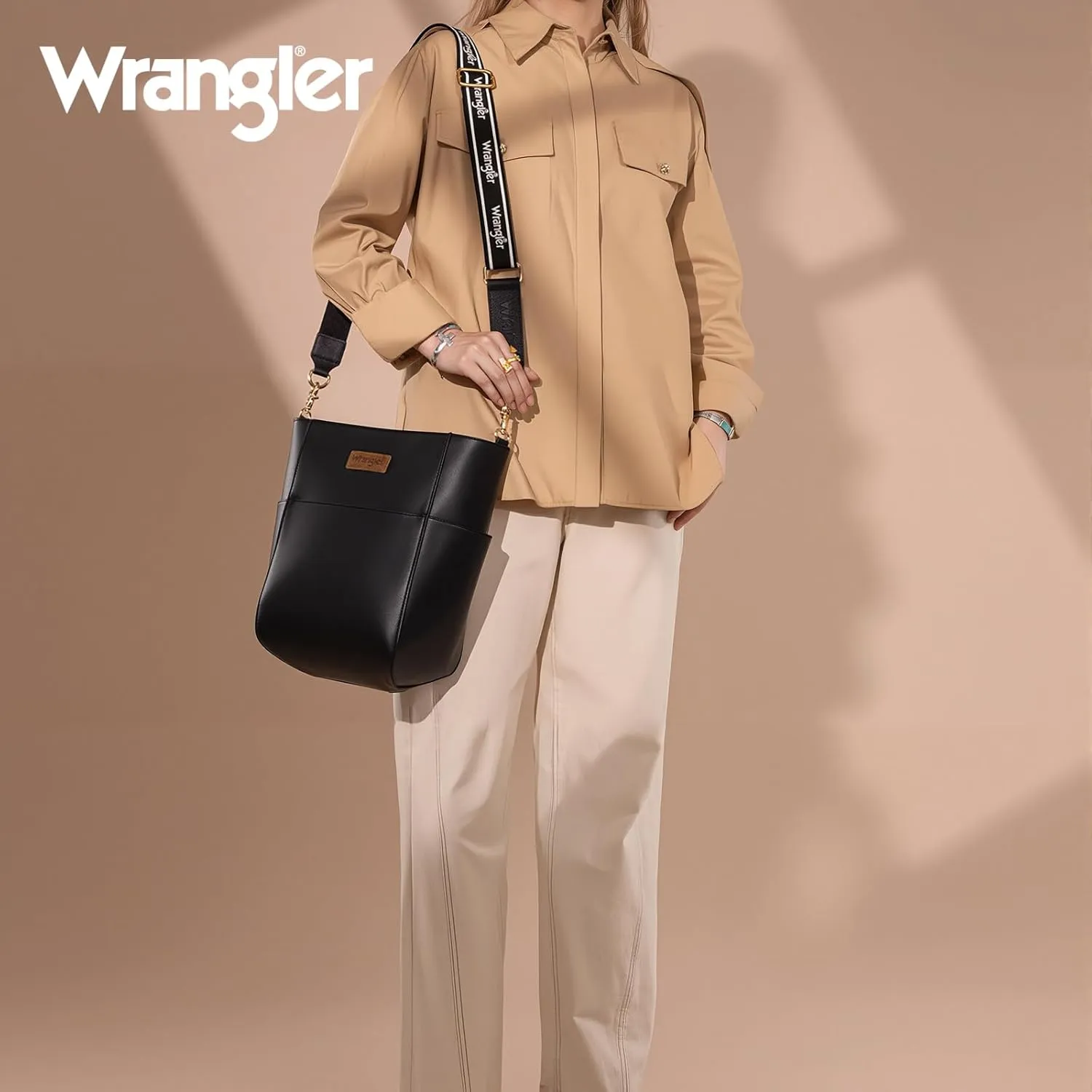 Wrangler MEDIUM Crossbody Bag for Women Vegan Leather Bucket Handbags with Guitar Strap