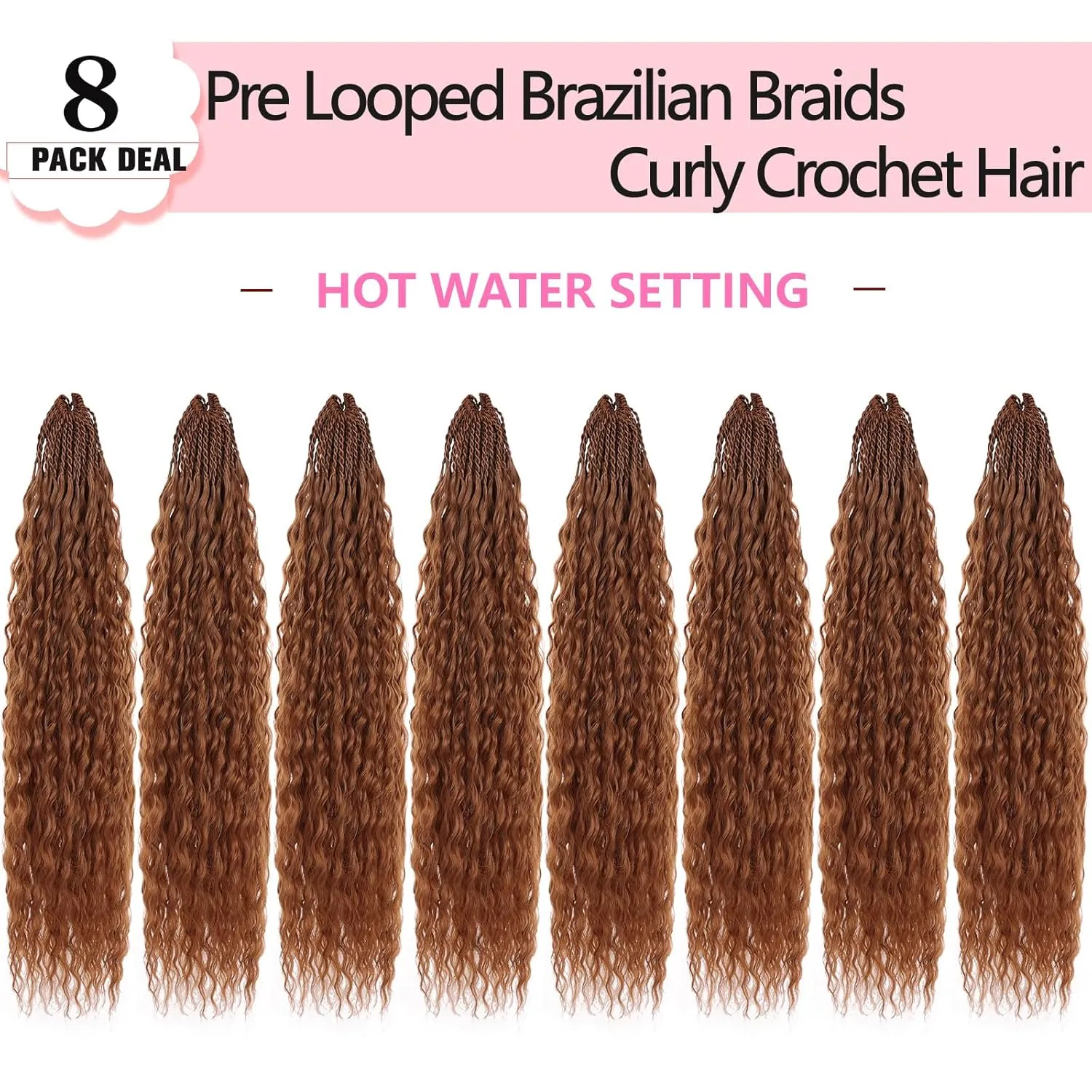 Xtrend 18 Inch Pre Looped Micro Curly Crochet Hair 8 Packs Honey Brown Brazilian Braid Curly Crochet Hair Extensions Water Wave Synthetic Deep Wave Crochet Hair For Black Women(30 Strands/Pack，350#)