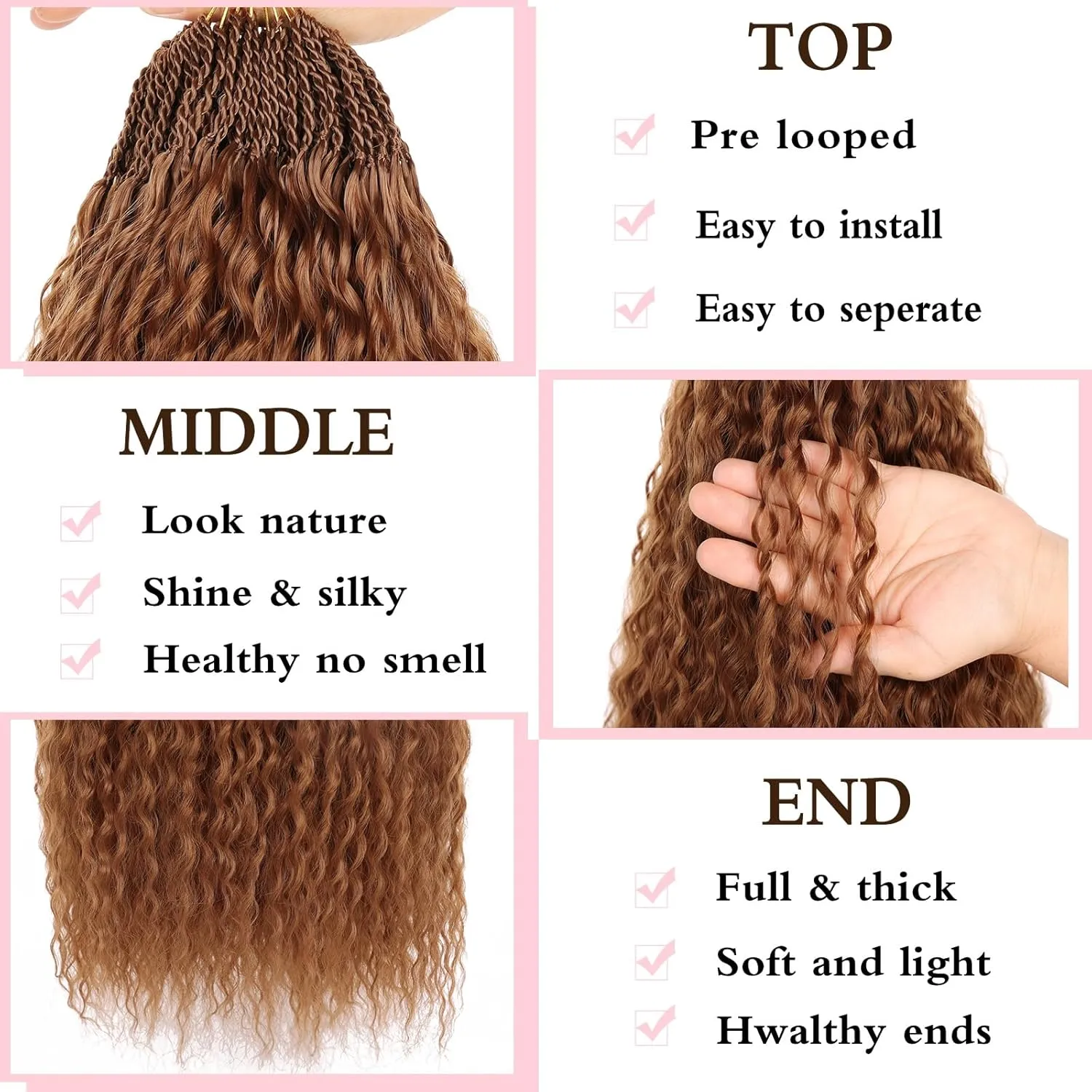 Xtrend 18 Inch Pre Looped Micro Curly Crochet Hair 8 Packs Honey Brown Brazilian Braid Curly Crochet Hair Extensions Water Wave Synthetic Deep Wave Crochet Hair For Black Women(30 Strands/Pack，350#)