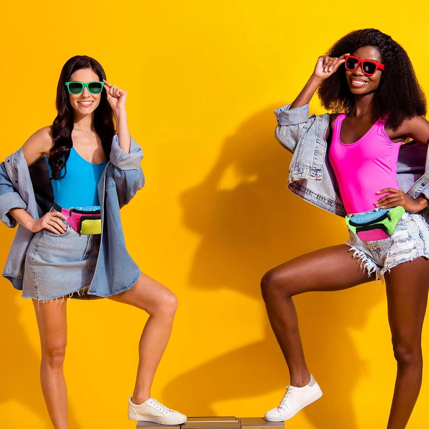 Xuniea 80s Retro Neon Fanny Pack 2 Pockets Belt Bags 90s Costumes for Women Men Waist Packs for Holiday Festival 80s Theme Halloween Party(Green Bottom)