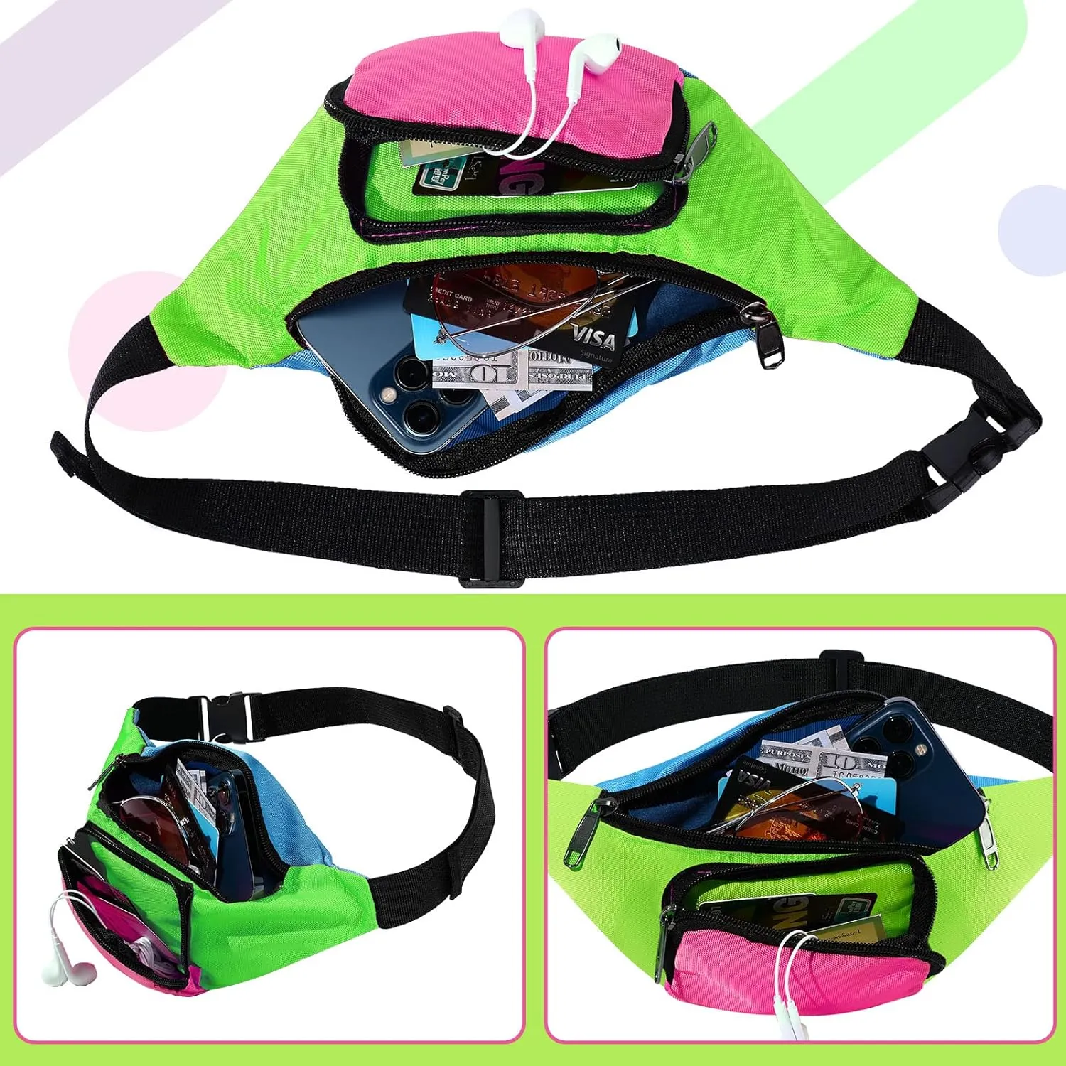 Xuniea 80s Retro Neon Fanny Pack 2 Pockets Belt Bags 90s Costumes for Women Men Waist Packs for Holiday Festival 80s Theme Halloween Party(Green Bottom)