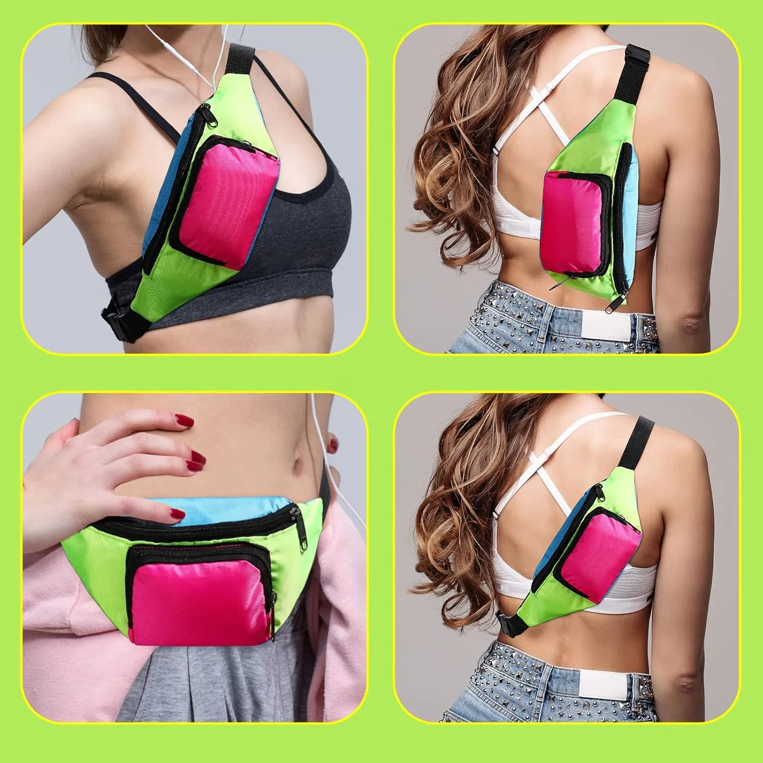 Xuniea 80s Retro Neon Fanny Pack 2 Pockets Belt Bags 90s Costumes for Women Men Waist Packs for Holiday Festival 80s Theme Halloween Party(Green Bottom)
