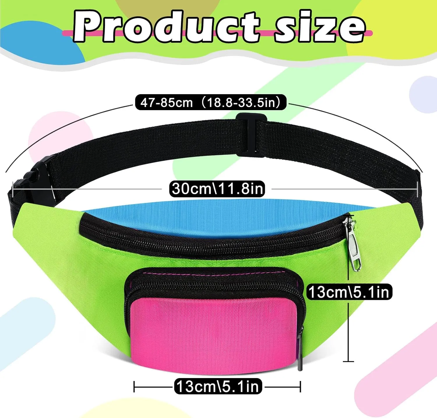 Xuniea 80s Retro Neon Fanny Pack 2 Pockets Belt Bags 90s Costumes for Women Men Waist Packs for Holiday Festival 80s Theme Halloween Party(Green Bottom)