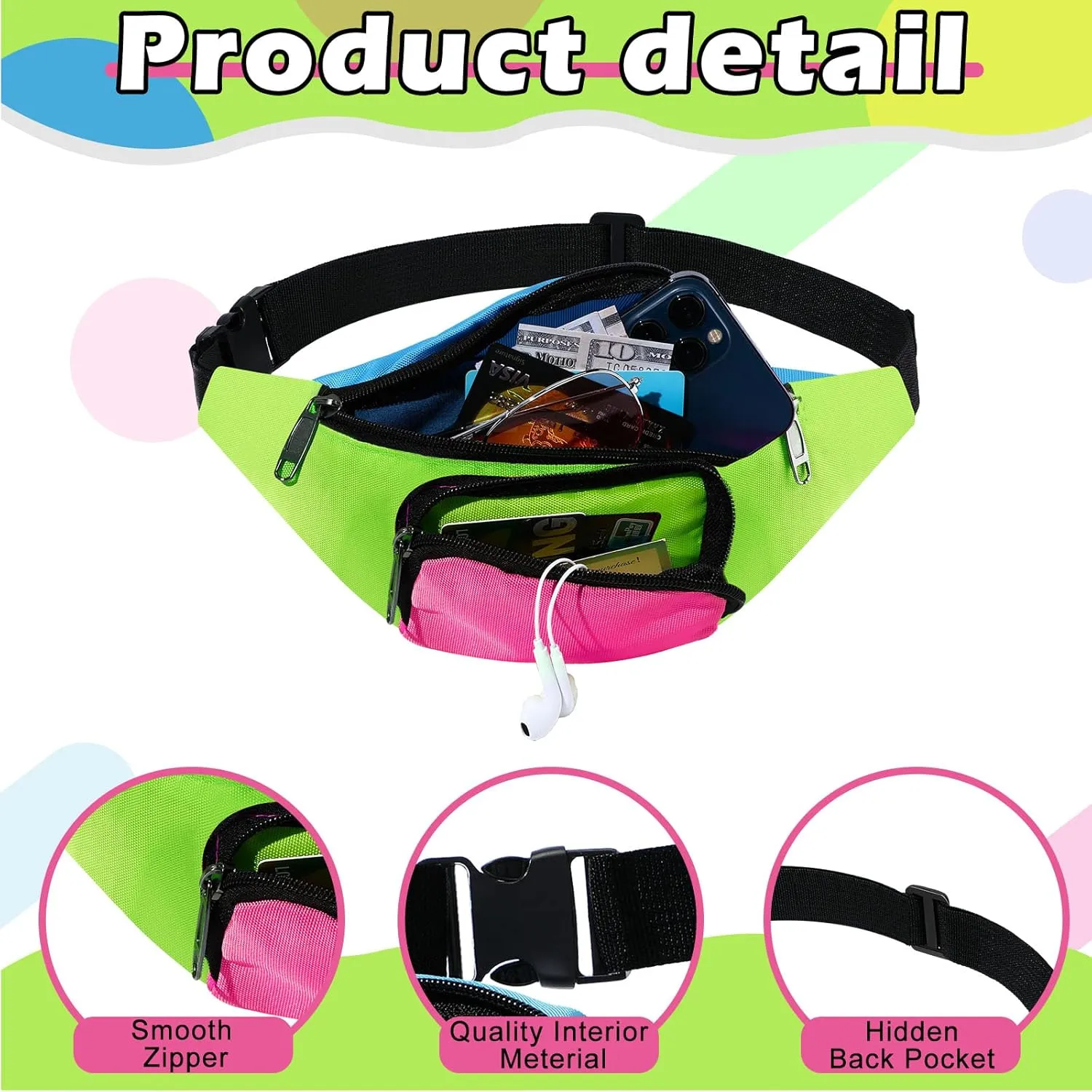 Xuniea 80s Retro Neon Fanny Pack 2 Pockets Belt Bags 90s Costumes for Women Men Waist Packs for Holiday Festival 80s Theme Halloween Party(Green Bottom)