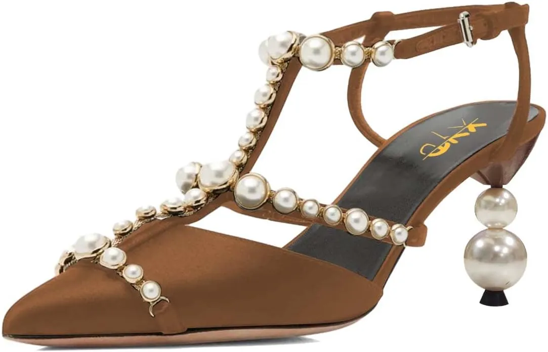 XYD Women Strappy Pumps Pearls Ornaments Pointed Toe Mid Heel Sandals Slingback Bridal Wedding Evening Dress Shoes
