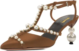 XYD Women Strappy Pumps Pearls Ornaments Pointed Toe Mid Heel Sandals Slingback Bridal Wedding Evening Dress Shoes