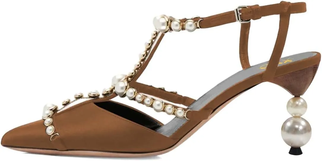 XYD Women Strappy Pumps Pearls Ornaments Pointed Toe Mid Heel Sandals Slingback Bridal Wedding Evening Dress Shoes