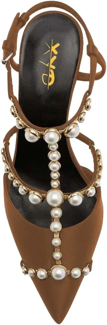 XYD Women Strappy Pumps Pearls Ornaments Pointed Toe Mid Heel Sandals Slingback Bridal Wedding Evening Dress Shoes