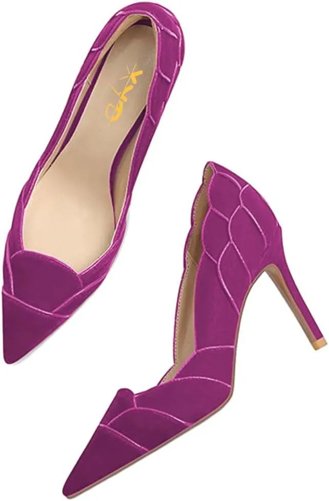 XYD Women Velvet Pumps Closed Pointed Toe High Heels Petaloid Curve Graceful Evening Stiletto Shoes